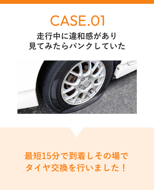 CASE01 走行中に違和感があり見てみたらパンクしていた 最短15分で到着しその場でタイヤ交換を行いました！