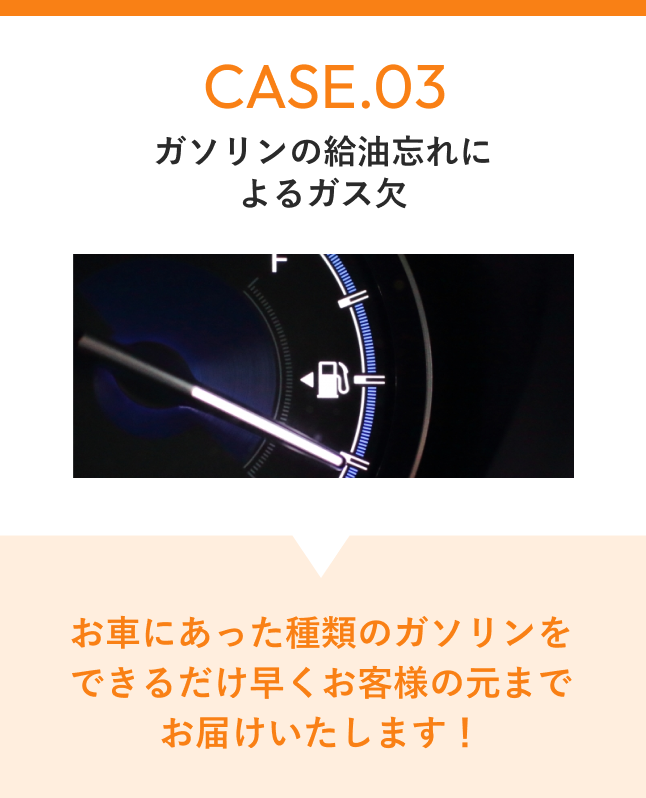 CASE03 ガソリンの給油忘れによるガス欠 お車にあった種類のガソリンをできるだけ早くお客様の元までお届けいたします！