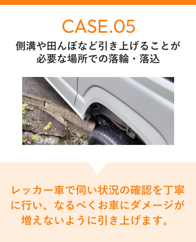 CASE05 側溝や田んぼなど引き上げることが必要な場所での落輪・落込 レッカー車で伺い状況の確認を丁寧に行い、なるべくお車にダメージが増えないように引き上げます。