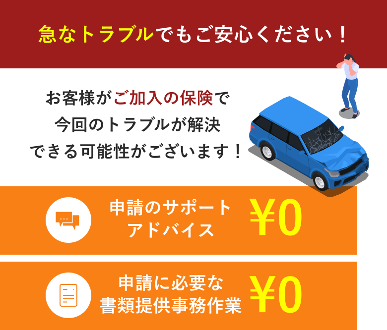 急なトラブルでもご安心ください！お客様がご加入の保険で今回のトラブルが解決できる可能性がございます！